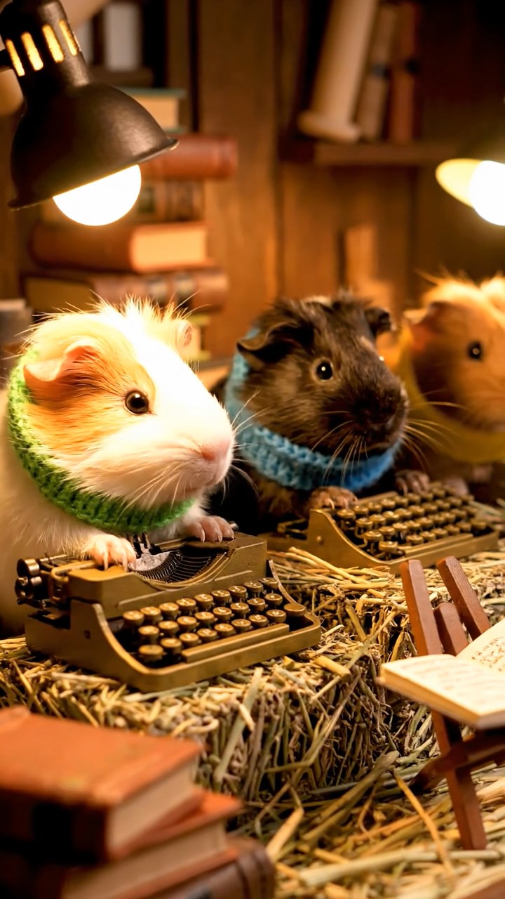 419. Highly detailed view of 4 smooth-haired Himalayan guinea pigs with White, Orange, Black, and Brown fur, dressed as writers in tiny scarves, typing stories in a guinea pig study with miniature books and hay desks, under warm lamplight, creating a vivid, realistic literary scene.