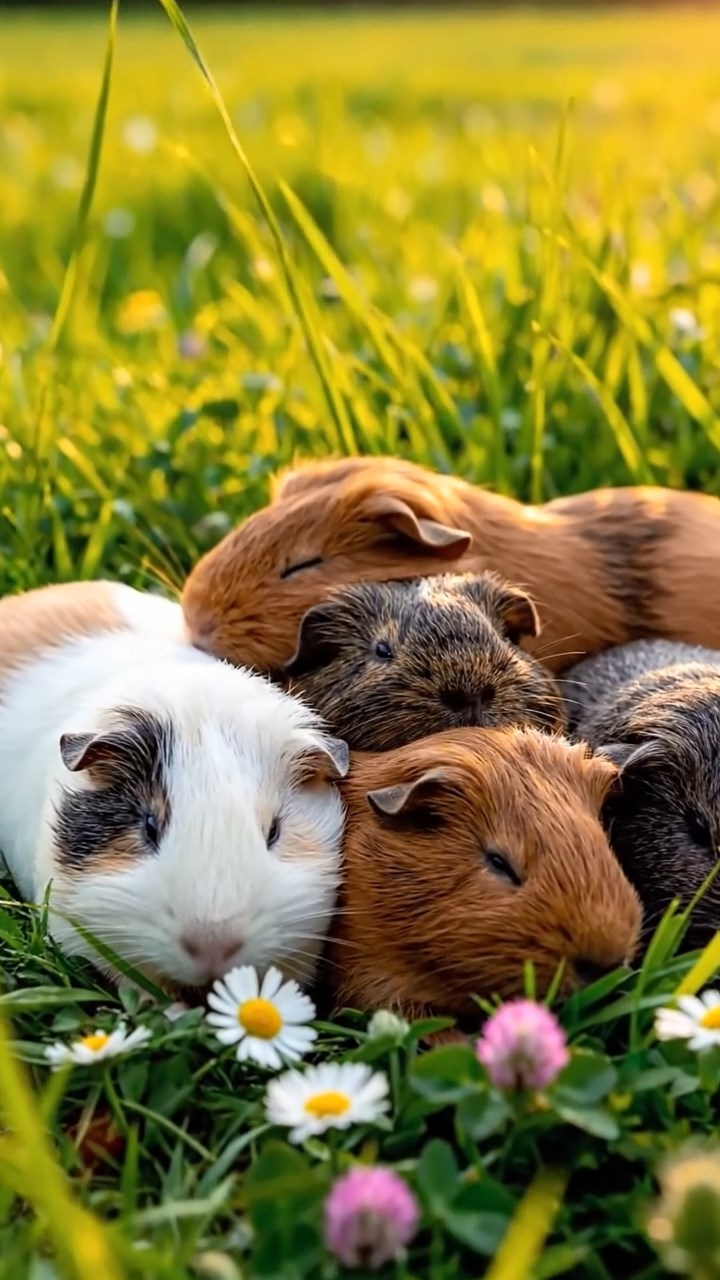 420. Realistic scene of 5 smooth-haired Californian guinea pigs with Cream, Fawn, Sable, Gray, and Cinnamon fur, sleeping in a cozy pile in a lush meadow with wildflowers and a gentle breeze, under golden sunlight, capturing a lifelike, tranquil group moment.