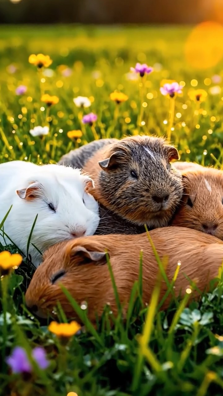 420. Realistic scene of 5 smooth-haired Californian guinea pigs with Cream, Fawn, Sable, Gray, and Cinnamon fur, sleeping in a cozy pile in a lush meadow with wildflowers and a gentle breeze, under golden sunlight, capturing a lifelike, tranquil group moment.