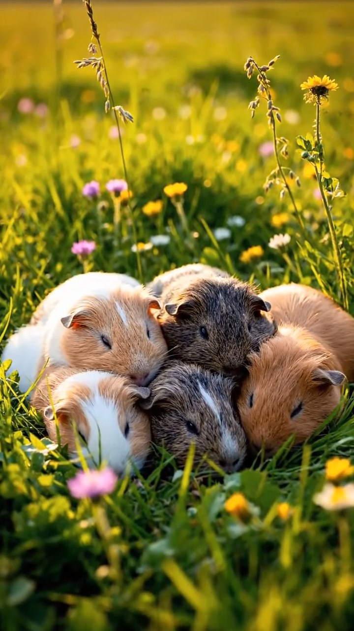 420. Realistic scene of 5 smooth-haired Californian guinea pigs with Cream, Fawn, Sable, Gray, and Cinnamon fur, sleeping in a cozy pile in a lush meadow with wildflowers and a gentle breeze, under golden sunlight, capturing a lifelike, tranquil group moment.