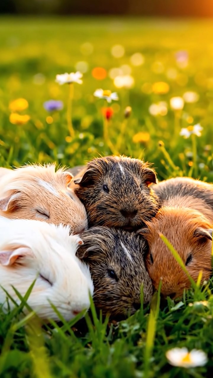 420. Realistic scene of 5 smooth-haired Californian guinea pigs with Cream, Fawn, Sable, Gray, and Cinnamon fur, sleeping in a cozy pile in a lush meadow with wildflowers and a gentle breeze, under golden sunlight, capturing a lifelike, tranquil group moment.