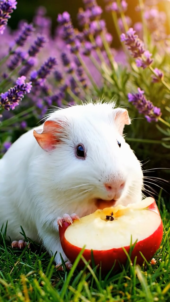 421. Detailed photo of 1 smooth-haired American guinea pig with White fur, nibbling on fresh apples, in a vibrant lavender garden with rows of purple blooms swaying in the breeze, under soft sunlight, creating a realistic, fragrant pastoral scene.
