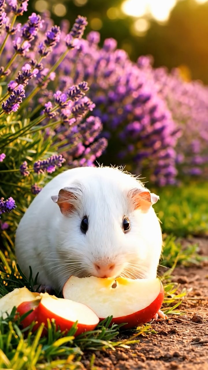 421. Detailed photo of 1 smooth-haired American guinea pig with White fur, nibbling on fresh apples, in a vibrant lavender garden with rows of purple blooms swaying in the breeze, under soft sunlight, creating a realistic, fragrant pastoral scene.