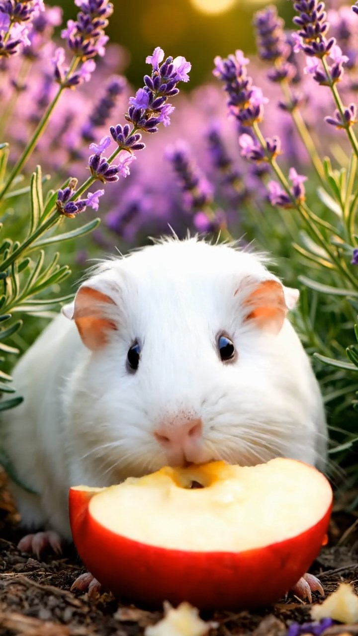 421. Detailed photo of 1 smooth-haired American guinea pig with White fur, nibbling on fresh apples, in a vibrant lavender garden with rows of purple blooms swaying in the breeze, under soft sunlight, creating a realistic, fragrant pastoral scene.