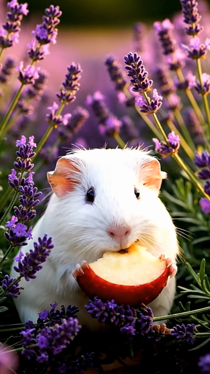 421. Detailed photo of 1 smooth-haired American guinea pig with White fur, nibbling on fresh apples, in a vibrant lavender garden with rows of purple blooms swaying in the breeze, under soft sunlight, creating a realistic, fragrant pastoral scene.