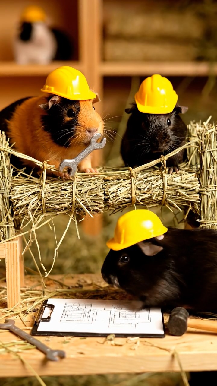 422. Photorealistic scene of 2 smooth-haired Teddy guinea pigs with Orange and Black fur, dressed as engineers in tiny helmets, constructing a miniature bridge in a guinea pig workshop with hay beams and tools, under bright daylight, enhancing the lifelike, industrious atmosphere.