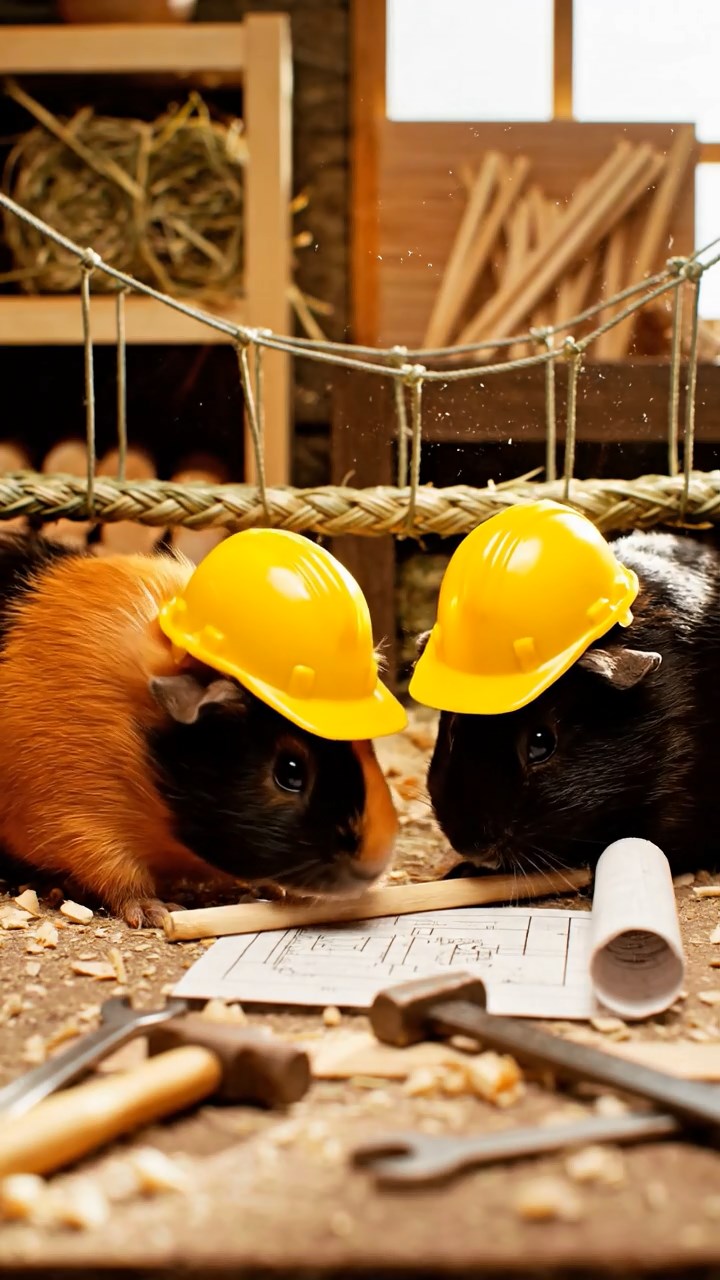 422. Photorealistic scene of 2 smooth-haired Teddy guinea pigs with Orange and Black fur, dressed as engineers in tiny helmets, constructing a miniature bridge in a guinea pig workshop with hay beams and tools, under bright daylight, enhancing the lifelike, industrious atmosphere.