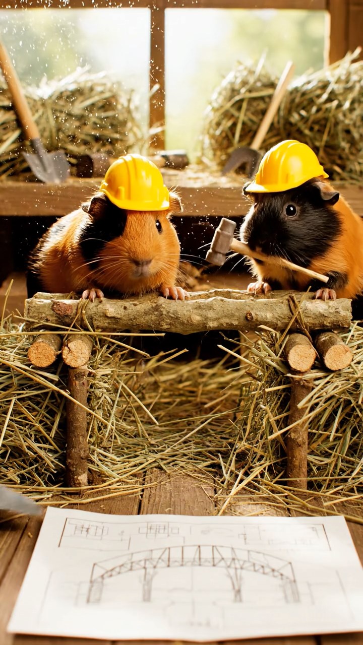422. Photorealistic scene of 2 smooth-haired Teddy guinea pigs with Orange and Black fur, dressed as engineers in tiny helmets, constructing a miniature bridge in a guinea pig workshop with hay beams and tools, under bright daylight, enhancing the lifelike, industrious atmosphere.