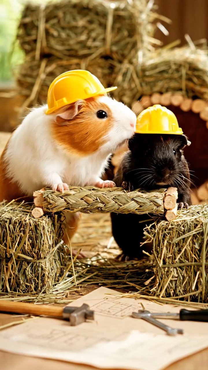 422. Photorealistic scene of 2 smooth-haired Teddy guinea pigs with Orange and Black fur, dressed as engineers in tiny helmets, constructing a miniature bridge in a guinea pig workshop with hay beams and tools, under bright daylight, enhancing the lifelike, industrious atmosphere.