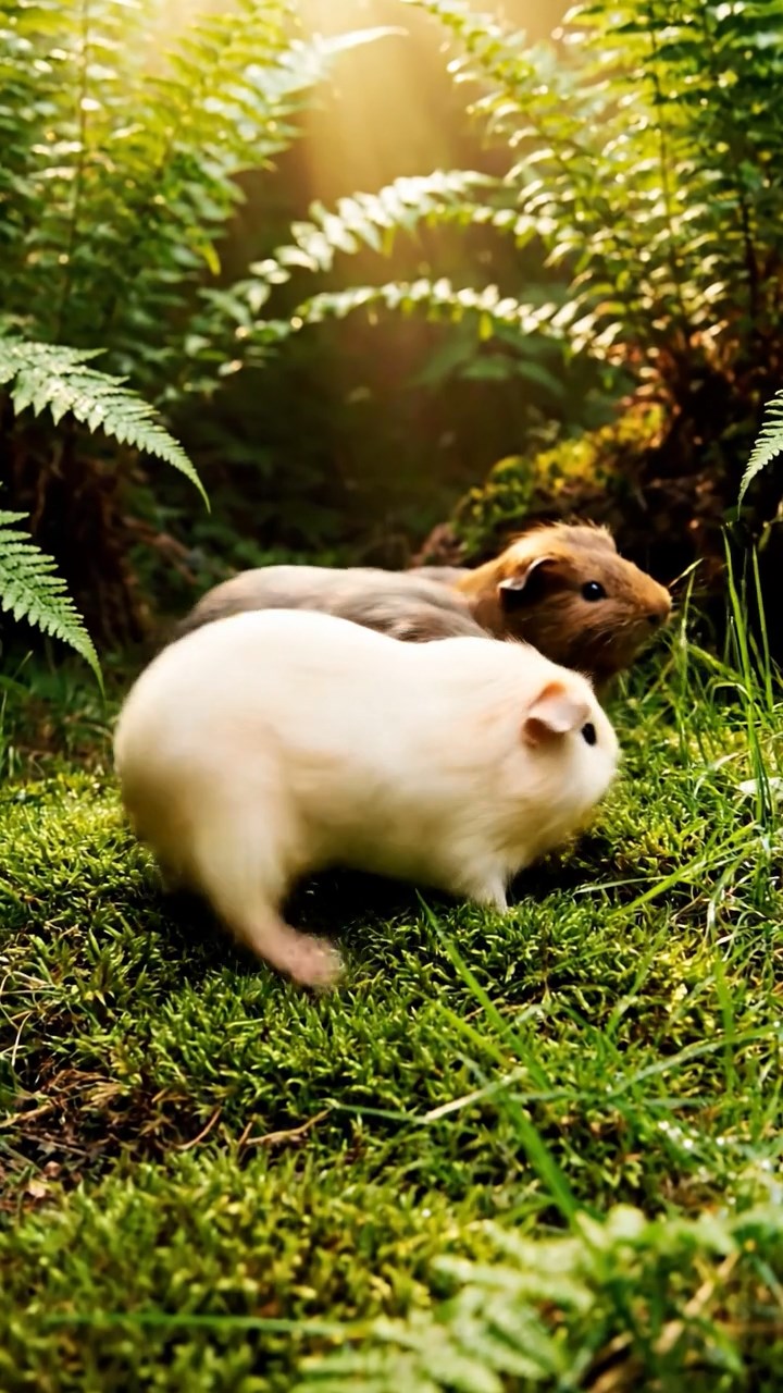 423. Highly detailed view of 3 smooth-haired Himalayan guinea pigs with Gray, Cream, and Brown fur, mating in a secluded grassy clearing surrounded by tall ferns and soft moss, under gentle morning light, creating a realistic, intimate natural scene.