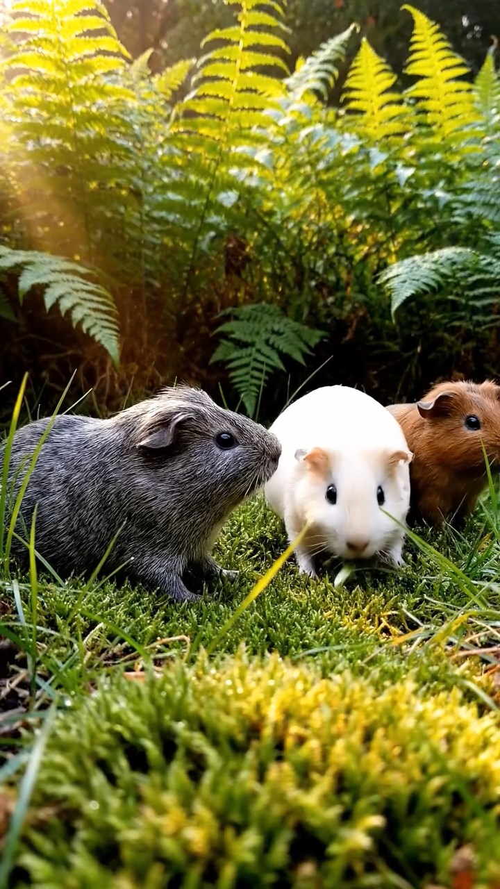 423. Highly detailed view of 3 smooth-haired Himalayan guinea pigs with Gray, Cream, and Brown fur, mating in a secluded grassy clearing surrounded by tall ferns and soft moss, under gentle morning light, creating a realistic, intimate natural scene.