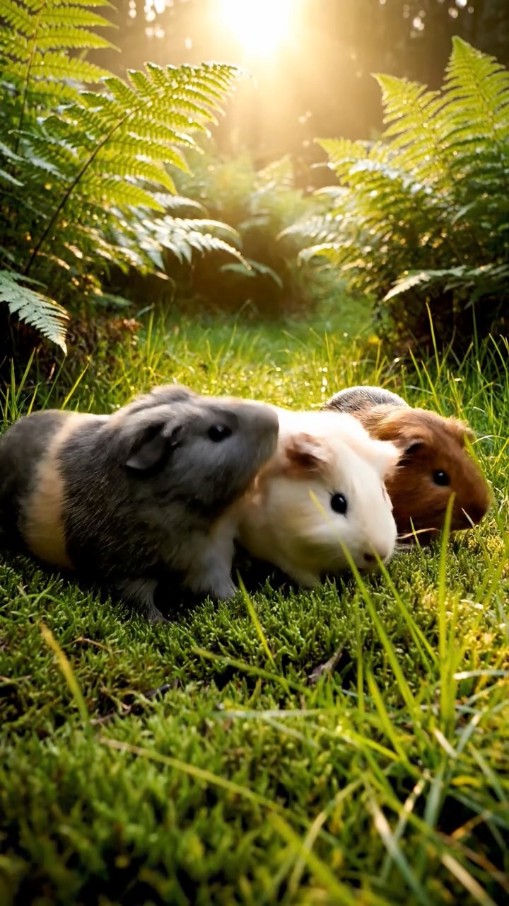 423. Highly detailed view of 3 smooth-haired Himalayan guinea pigs with Gray, Cream, and Brown fur, mating in a secluded grassy clearing surrounded by tall ferns and soft moss, under gentle morning light, creating a realistic, intimate natural scene.