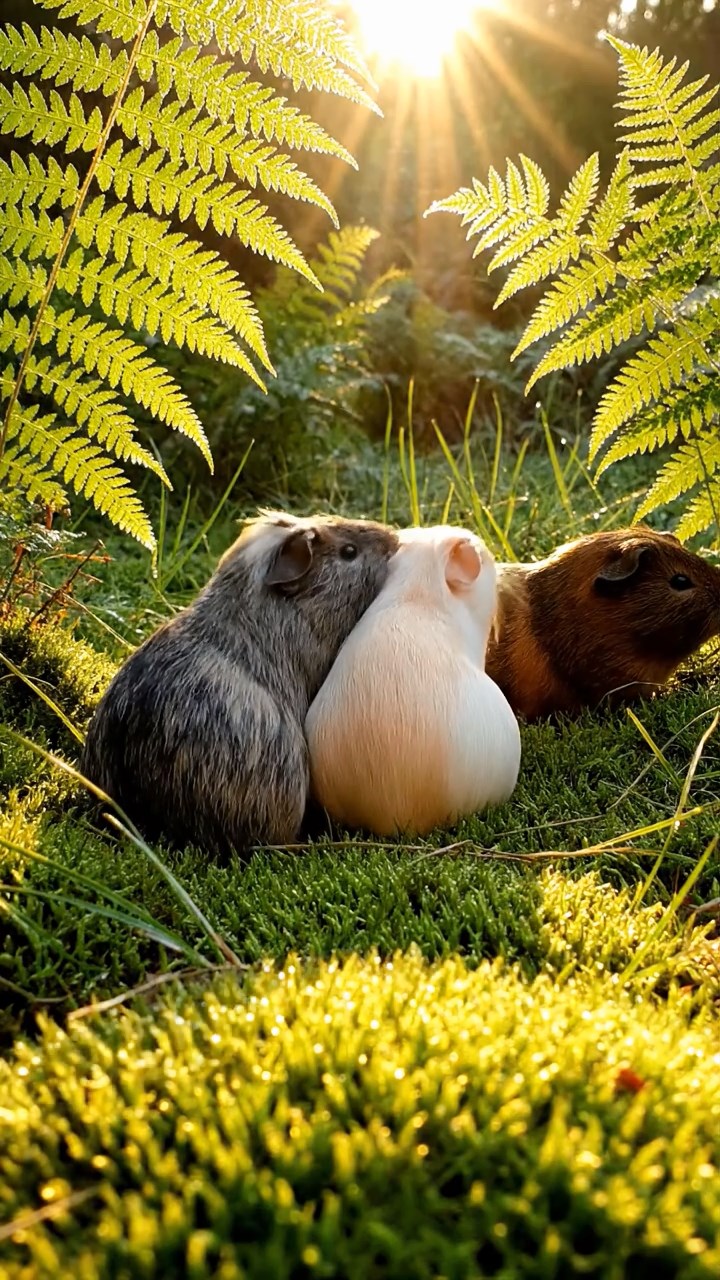 423. Highly detailed view of 3 smooth-haired Himalayan guinea pigs with Gray, Cream, and Brown fur, mating in a secluded grassy clearing surrounded by tall ferns and soft moss, under gentle morning light, creating a realistic, intimate natural scene.
