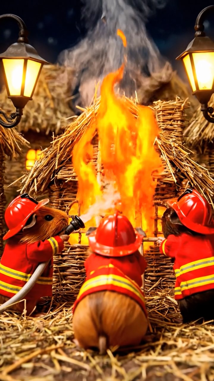 424. Realistic scene of 4 smooth-haired Californian guinea pigs with Fawn, Chocolate, Cinnamon, and Sable fur, dressed as firefighters in tiny uniforms, extinguishing a pretend fire in a guinea pig village with hay houses, under glowing streetlights, capturing a heroic, lifelike moment.