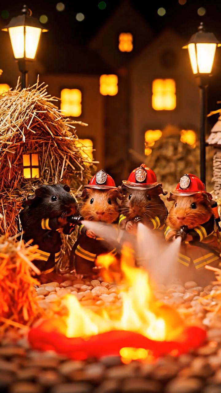 424. Realistic scene of 4 smooth-haired Californian guinea pigs with Fawn, Chocolate, Cinnamon, and Sable fur, dressed as firefighters in tiny uniforms, extinguishing a pretend fire in a guinea pig village with hay houses, under glowing streetlights, capturing a heroic, lifelike moment.
