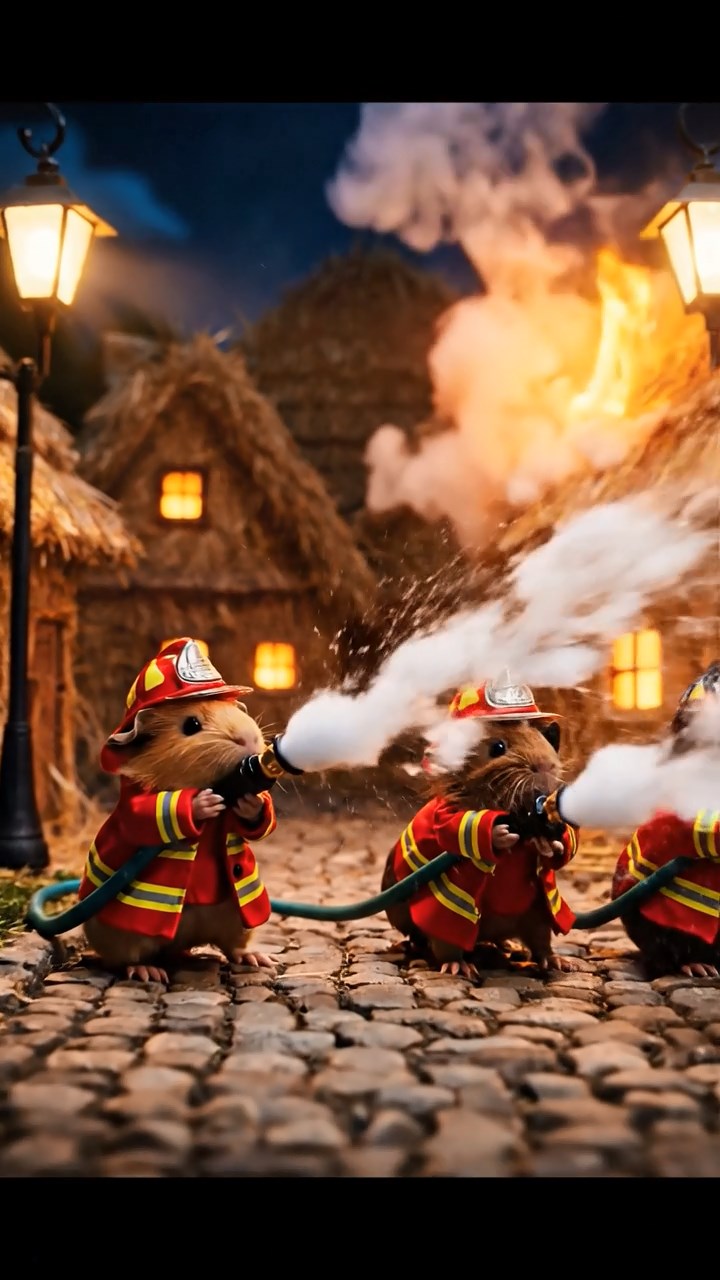 424. Realistic scene of 4 smooth-haired Californian guinea pigs with Fawn, Chocolate, Cinnamon, and Sable fur, dressed as firefighters in tiny uniforms, extinguishing a pretend fire in a guinea pig village with hay houses, under glowing streetlights, capturing a heroic, lifelike moment.