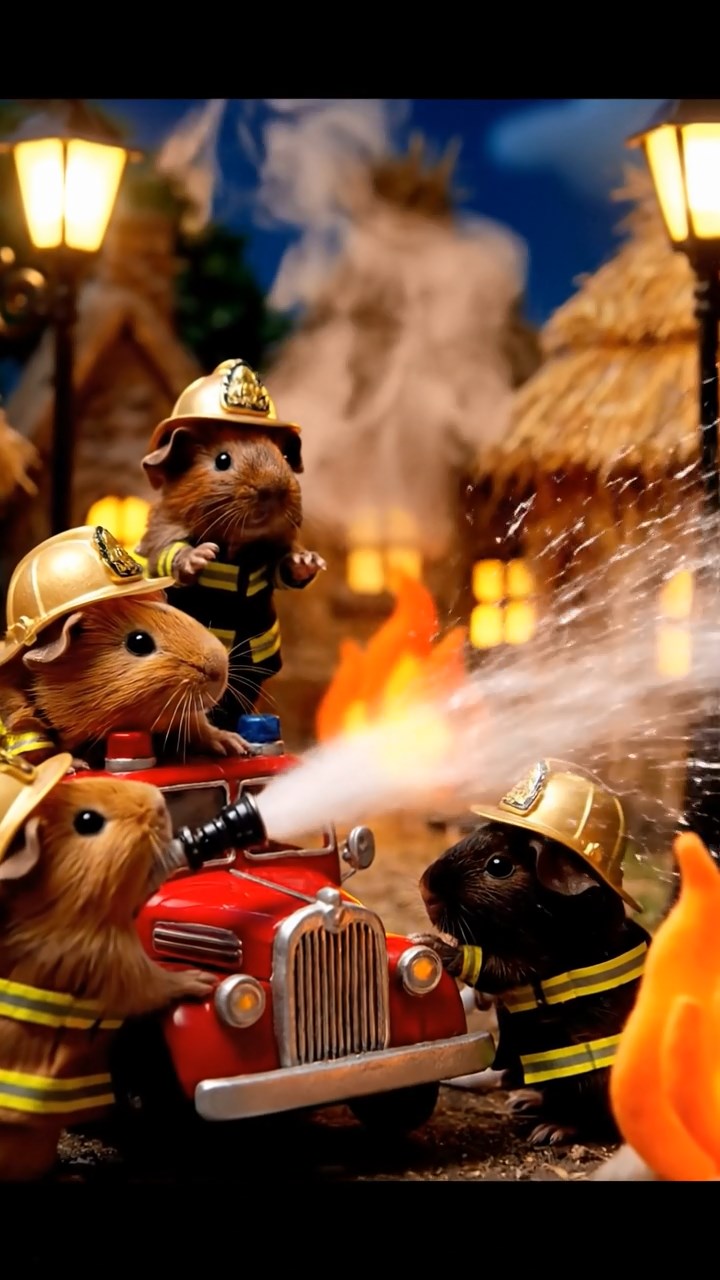 424. Realistic scene of 4 smooth-haired Californian guinea pigs with Fawn, Chocolate, Cinnamon, and Sable fur, dressed as firefighters in tiny uniforms, extinguishing a pretend fire in a guinea pig village with hay houses, under glowing streetlights, capturing a heroic, lifelike moment.