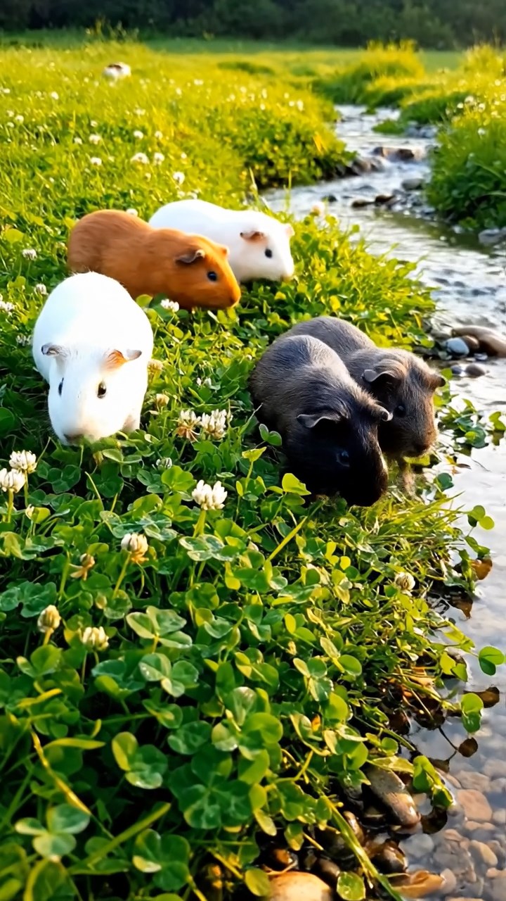 425. Detailed photo of 5 smooth-haired American guinea pigs with White, Orange, Gray, Black, and Brown fur, foraging for clover in a lush meadow with wildflowers and a trickling stream, under soft morning light, creating a realistic, serene pastoral scene.