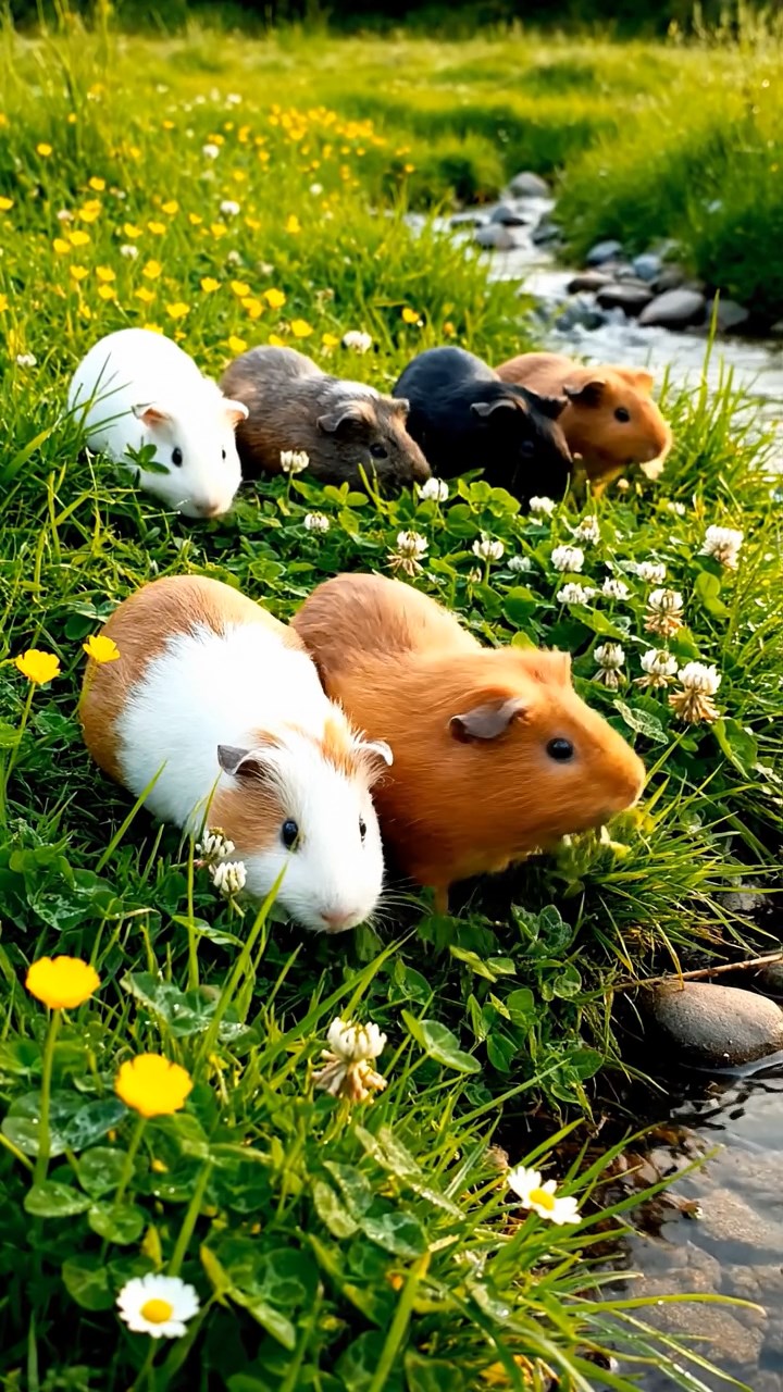 425. Detailed photo of 5 smooth-haired American guinea pigs with White, Orange, Gray, Black, and Brown fur, foraging for clover in a lush meadow with wildflowers and a trickling stream, under soft morning light, creating a realistic, serene pastoral scene.