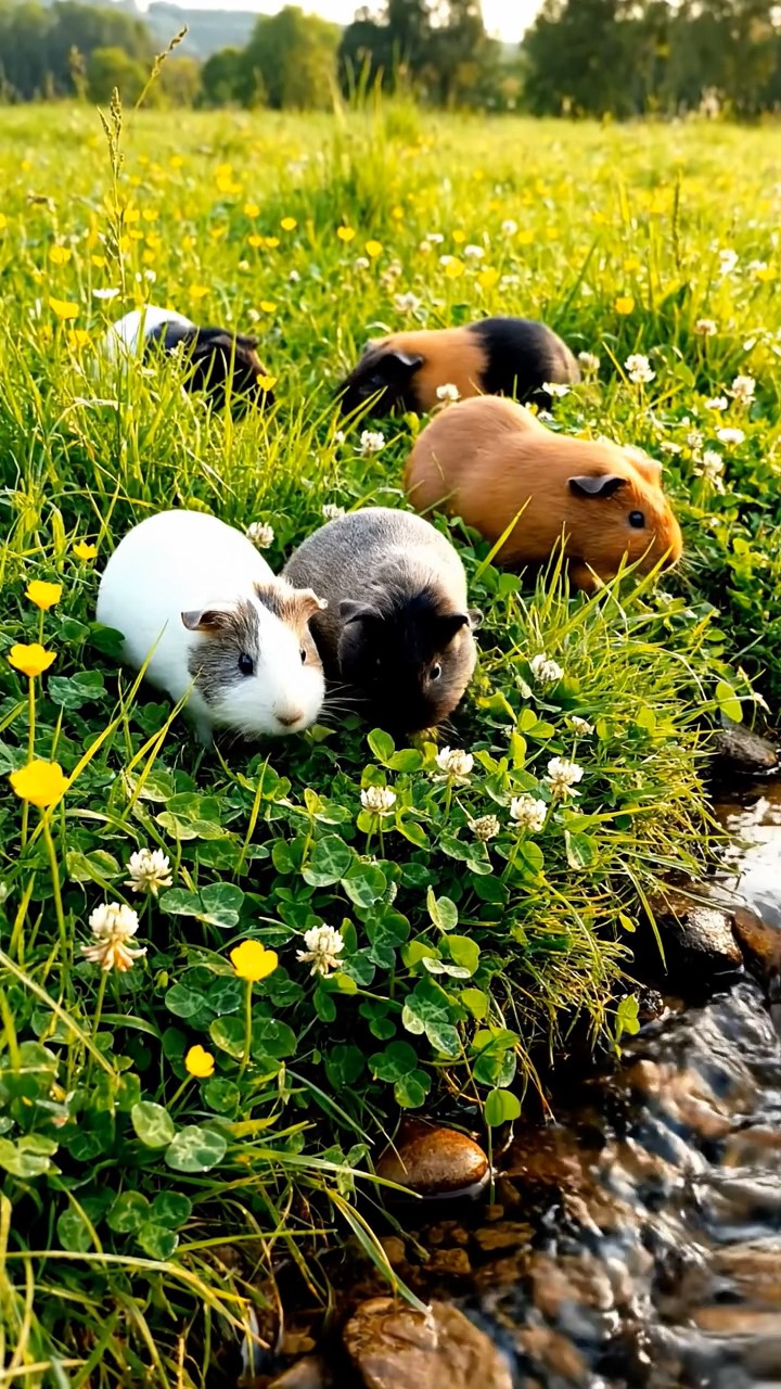 425. Detailed photo of 5 smooth-haired American guinea pigs with White, Orange, Gray, Black, and Brown fur, foraging for clover in a lush meadow with wildflowers and a trickling stream, under soft morning light, creating a realistic, serene pastoral scene.