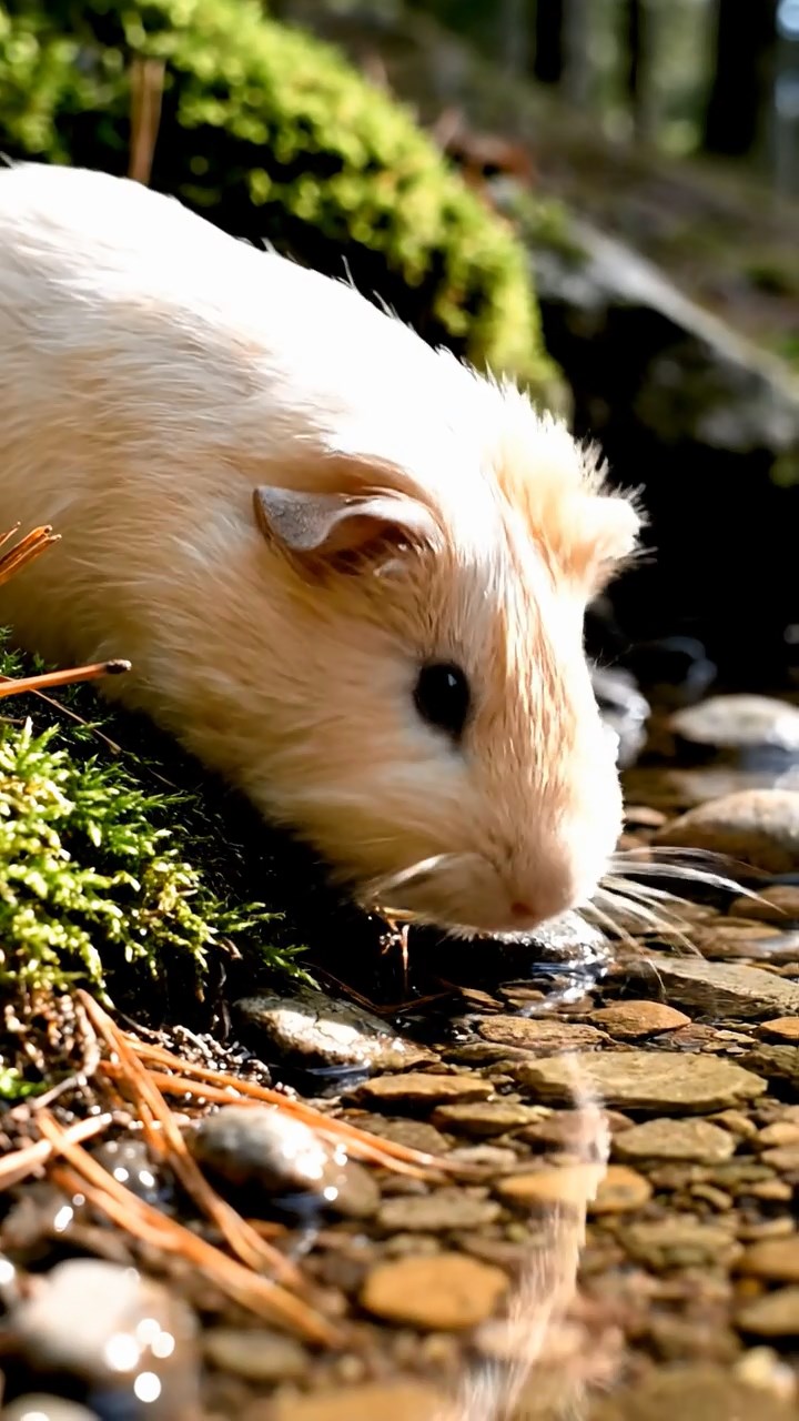 426. Photorealistic scene of 1 smooth-haired Teddy guinea pig with Cream fur, drinking from a clear stream, on a forested slope with pine needles and moss, under dappled sunlight, capturing a serene, lifelike moment of natural hydration.
