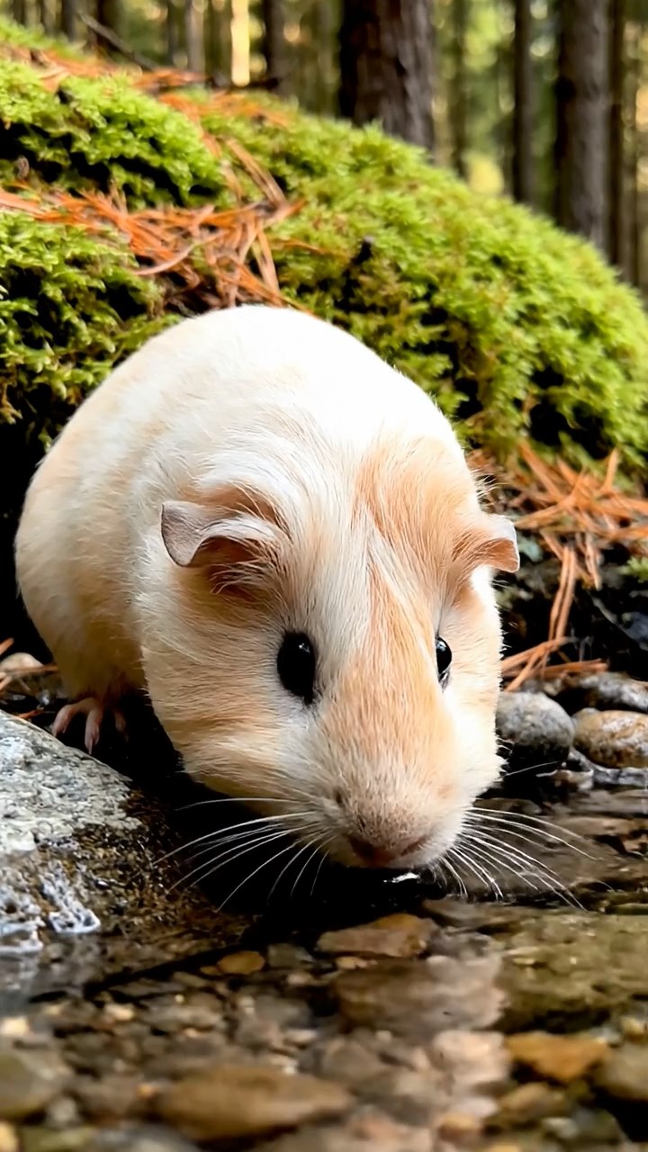 426. Photorealistic scene of 1 smooth-haired Teddy guinea pig with Cream fur, drinking from a clear stream, on a forested slope with pine needles and moss, under dappled sunlight, capturing a serene, lifelike moment of natural hydration.