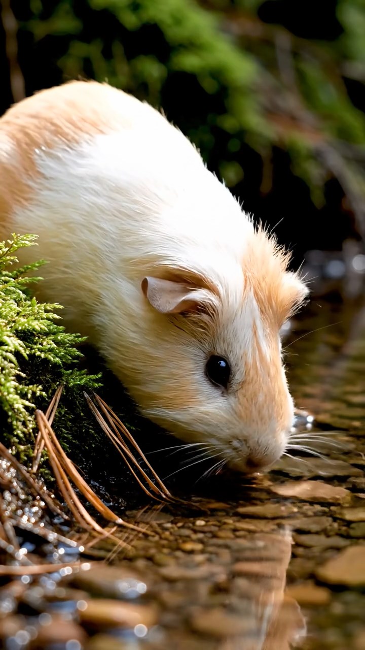 426. Photorealistic scene of 1 smooth-haired Teddy guinea pig with Cream fur, drinking from a clear stream, on a forested slope with pine needles and moss, under dappled sunlight, capturing a serene, lifelike moment of natural hydration.