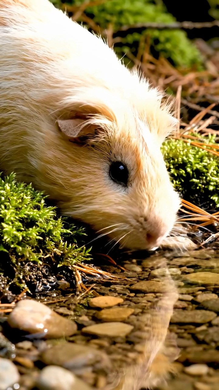426. Photorealistic scene of 1 smooth-haired Teddy guinea pig with Cream fur, drinking from a clear stream, on a forested slope with pine needles and moss, under dappled sunlight, capturing a serene, lifelike moment of natural hydration.