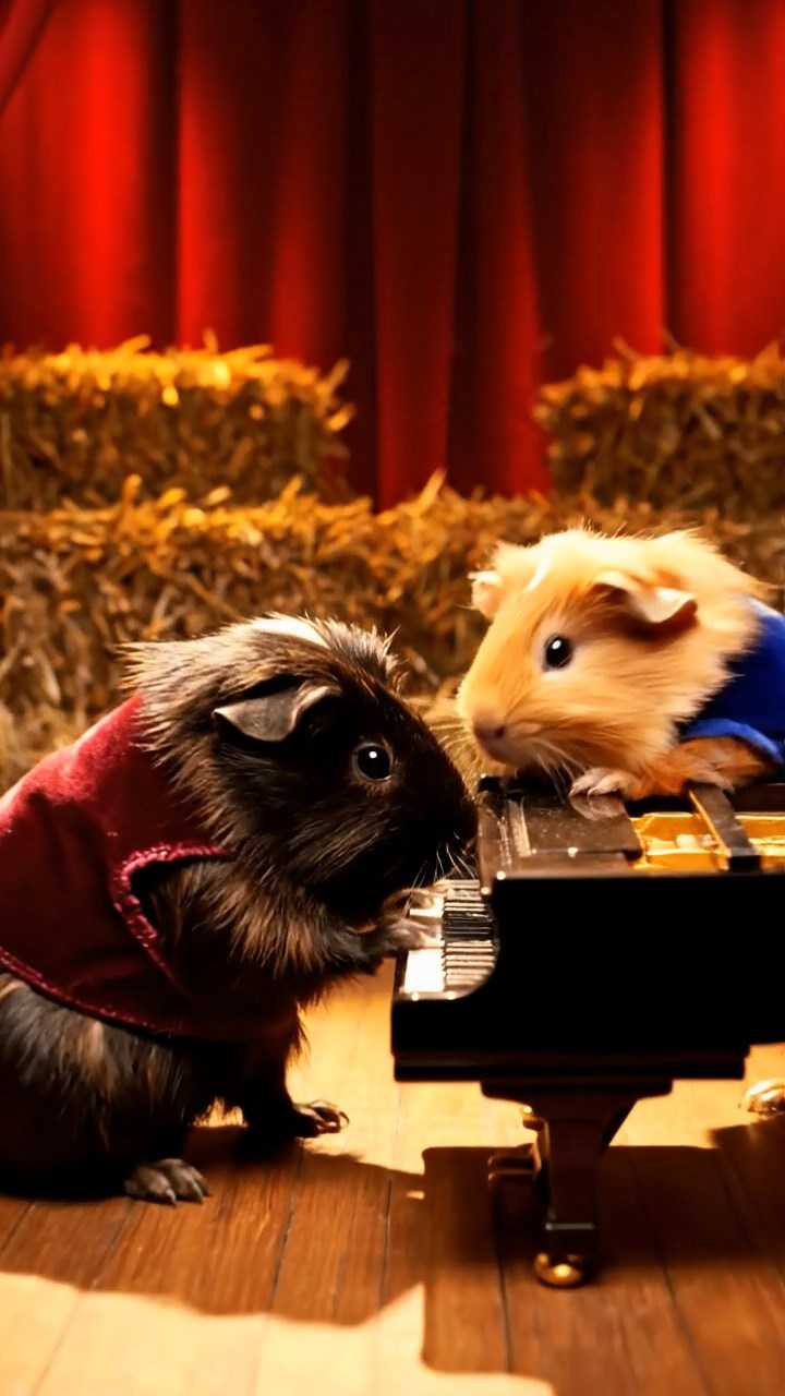 427. Highly detailed view of 2 smooth-haired Himalayan guinea pigs with Fawn and Sable fur, dressed as musicians in tiny vests, playing miniature pianos in a guinea pig concert hall with hay seats and velvet curtains, under warm spotlights, creating a realistic, elegant scene.