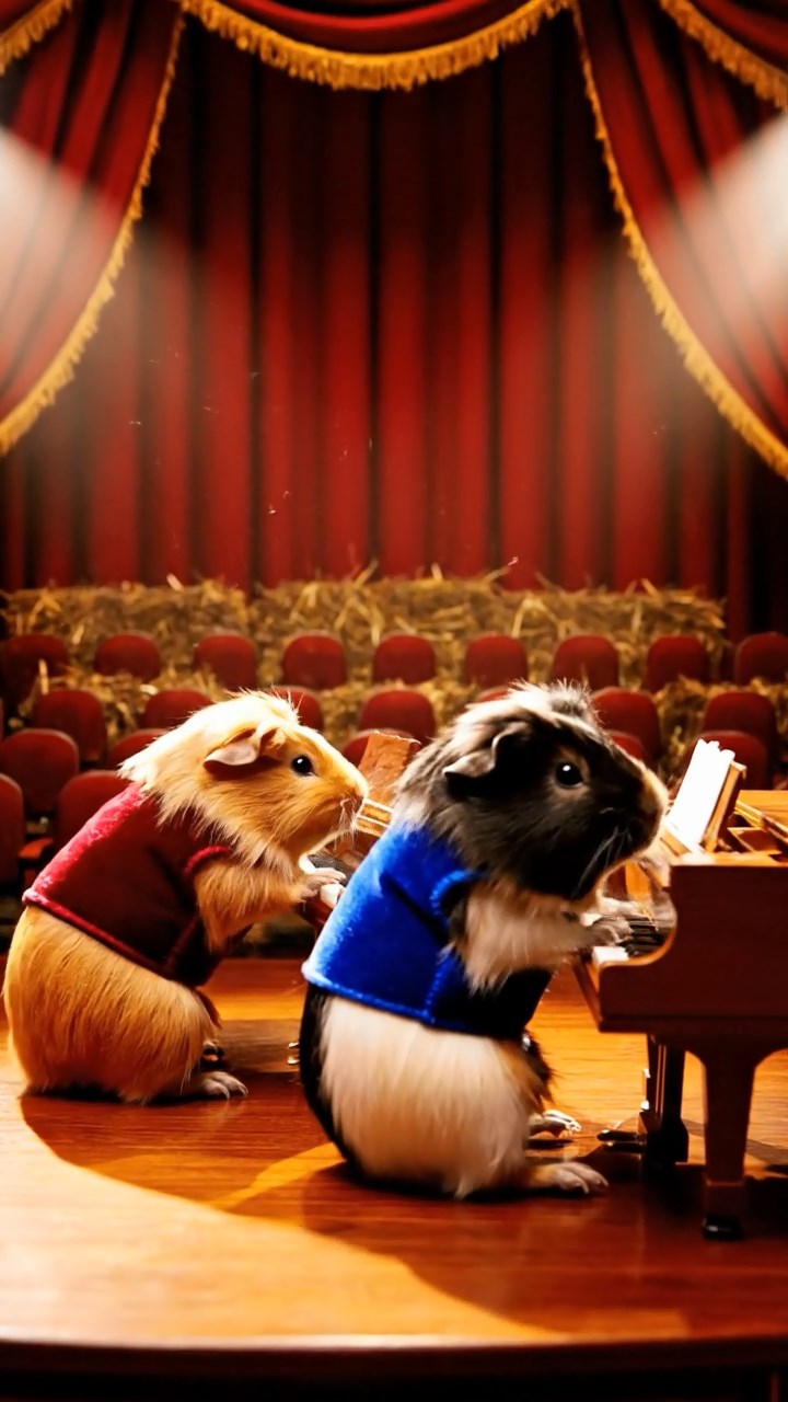 427. Highly detailed view of 2 smooth-haired Himalayan guinea pigs with Fawn and Sable fur, dressed as musicians in tiny vests, playing miniature pianos in a guinea pig concert hall with hay seats and velvet curtains, under warm spotlights, creating a realistic, elegant scene.