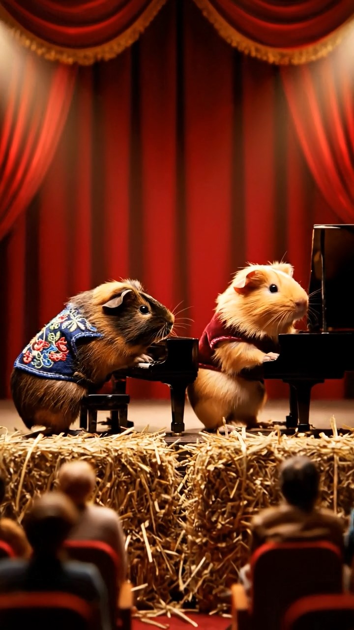 427. Highly detailed view of 2 smooth-haired Himalayan guinea pigs with Fawn and Sable fur, dressed as musicians in tiny vests, playing miniature pianos in a guinea pig concert hall with hay seats and velvet curtains, under warm spotlights, creating a realistic, elegant scene.