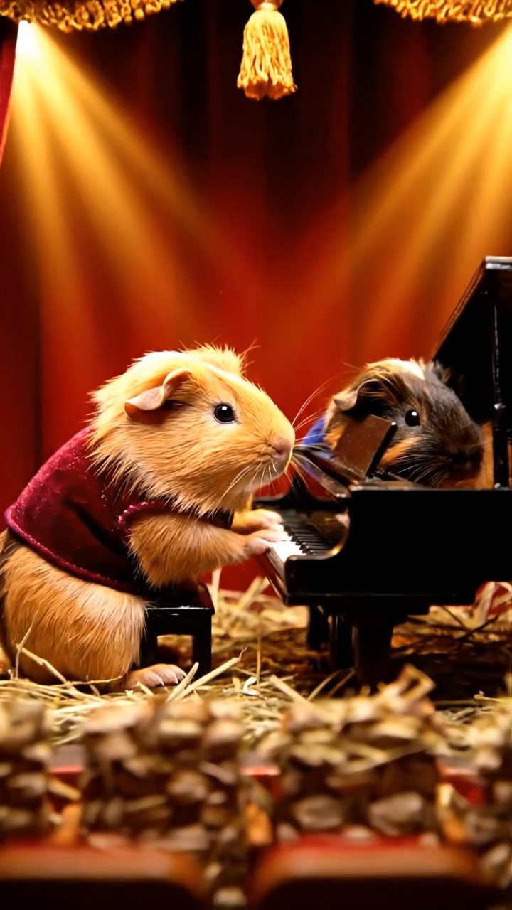427. Highly detailed view of 2 smooth-haired Himalayan guinea pigs with Fawn and Sable fur, dressed as musicians in tiny vests, playing miniature pianos in a guinea pig concert hall with hay seats and velvet curtains, under warm spotlights, creating a realistic, elegant scene.