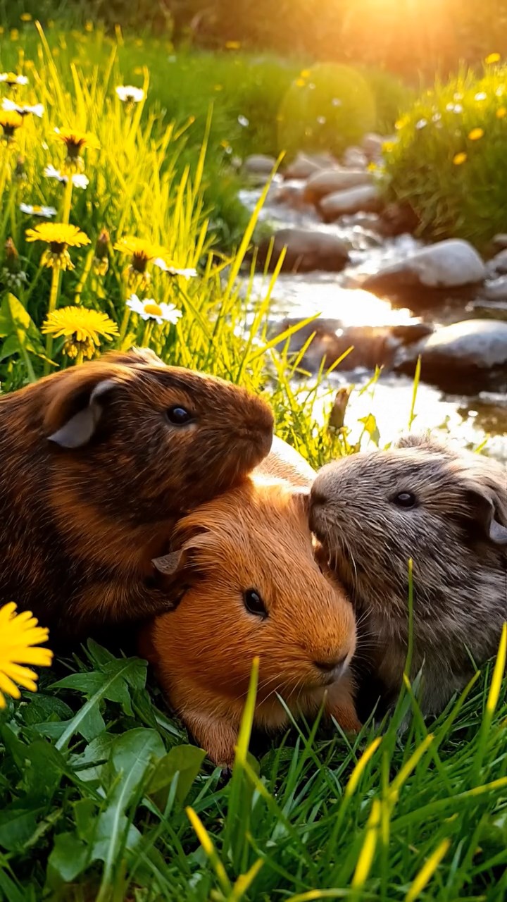 428. Realistic scene of 3 smooth-haired Californian guinea pigs with Chocolate, Cinnamon, and Gray fur, grooming each other in a lush meadow with scattered wildflowers and a babbling brook, under golden sunlight, enhancing the authentic, social atmosphere.
