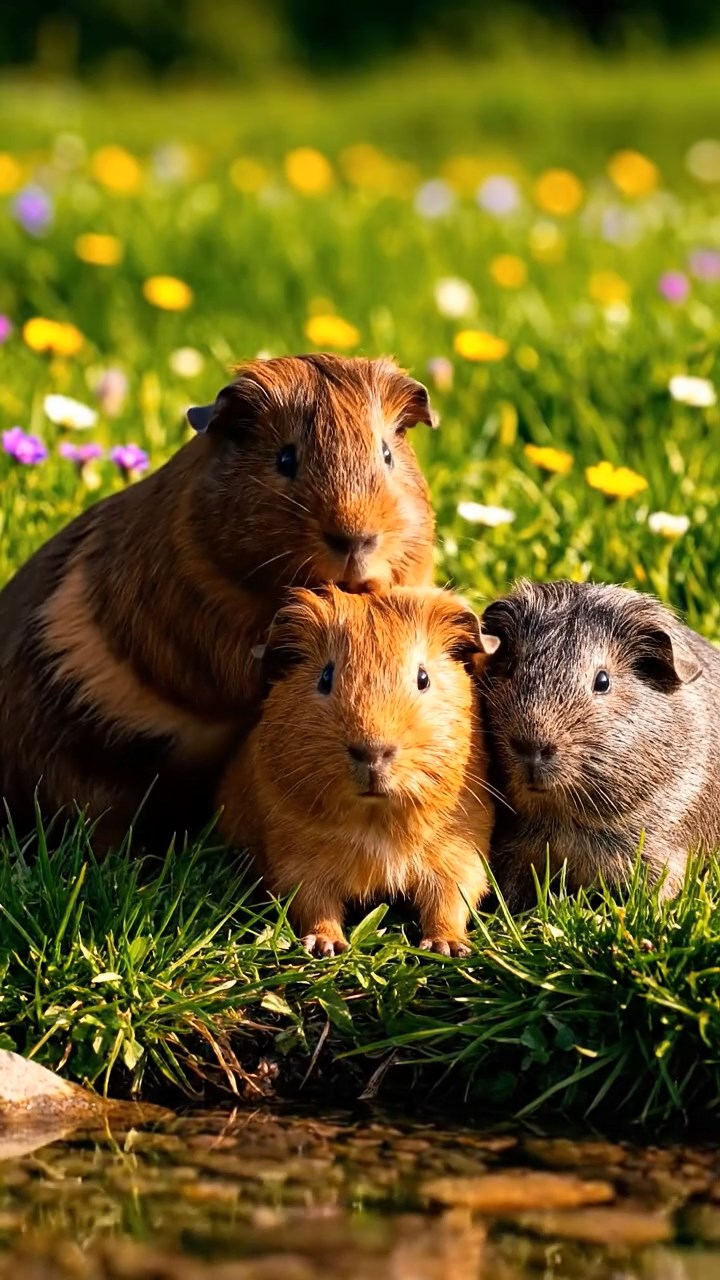 428. Realistic scene of 3 smooth-haired Californian guinea pigs with Chocolate, Cinnamon, and Gray fur, grooming each other in a lush meadow with scattered wildflowers and a babbling brook, under golden sunlight, enhancing the authentic, social atmosphere.