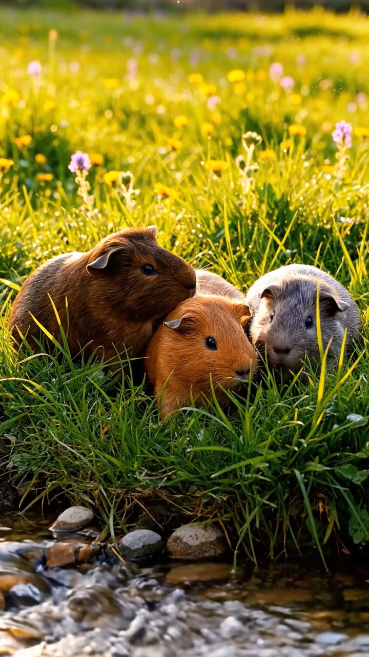 428. Realistic scene of 3 smooth-haired Californian guinea pigs with Chocolate, Cinnamon, and Gray fur, grooming each other in a lush meadow with scattered wildflowers and a babbling brook, under golden sunlight, enhancing the authentic, social atmosphere.