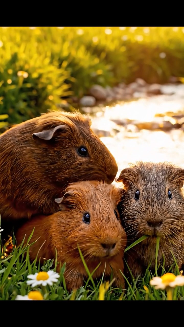 428. Realistic scene of 3 smooth-haired Californian guinea pigs with Chocolate, Cinnamon, and Gray fur, grooming each other in a lush meadow with scattered wildflowers and a babbling brook, under golden sunlight, enhancing the authentic, social atmosphere.
