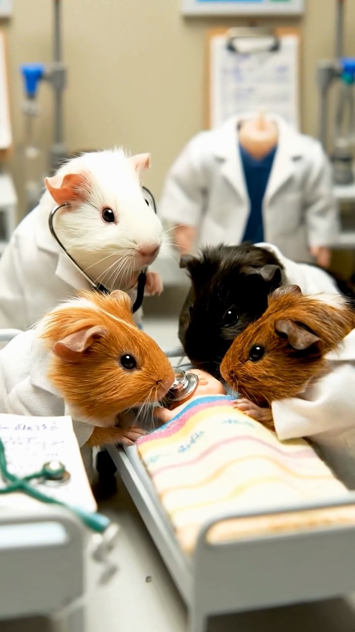 429. Detailed photo of 4 smooth-haired American guinea pigs with White, Orange, Black, and Brown fur, dressed as doctors in tiny white coats, examining patients in a guinea pig hospital with miniature beds and medical charts, under bright lights, creating a vivid, lifelike medical scene.