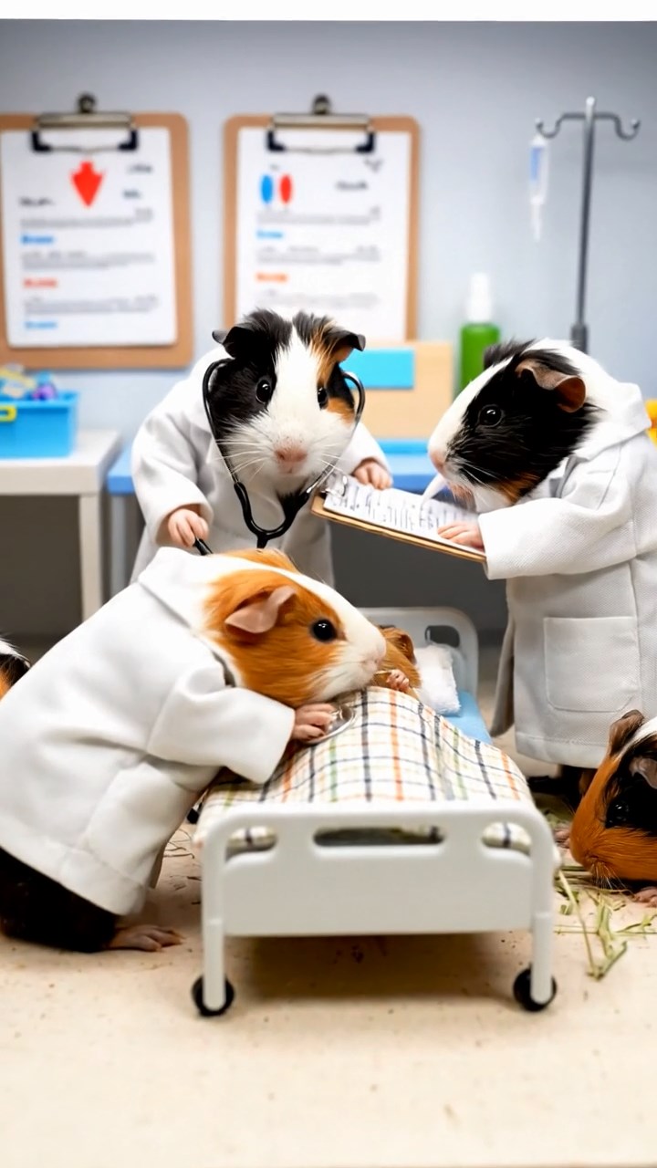 429. Detailed photo of 4 smooth-haired American guinea pigs with White, Orange, Black, and Brown fur, dressed as doctors in tiny white coats, examining patients in a guinea pig hospital with miniature beds and medical charts, under bright lights, creating a vivid, lifelike medical scene.