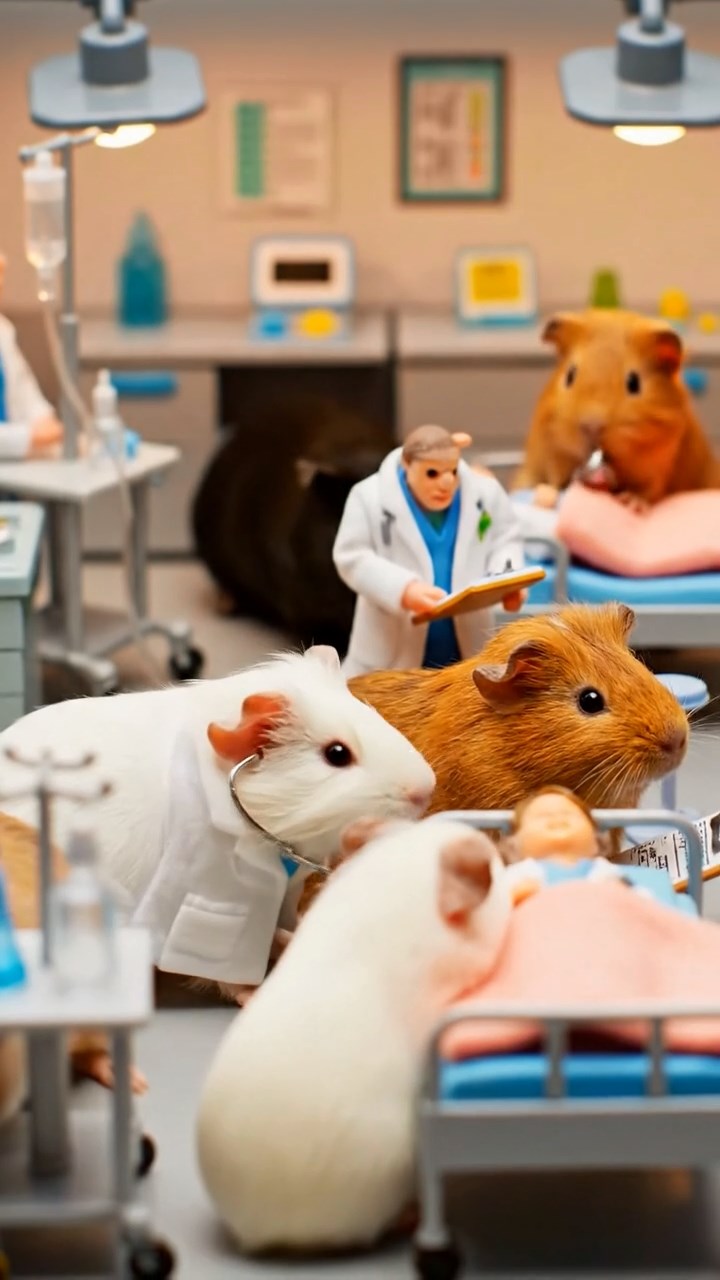 429. Detailed photo of 4 smooth-haired American guinea pigs with White, Orange, Black, and Brown fur, dressed as doctors in tiny white coats, examining patients in a guinea pig hospital with miniature beds and medical charts, under bright lights, creating a vivid, lifelike medical scene.