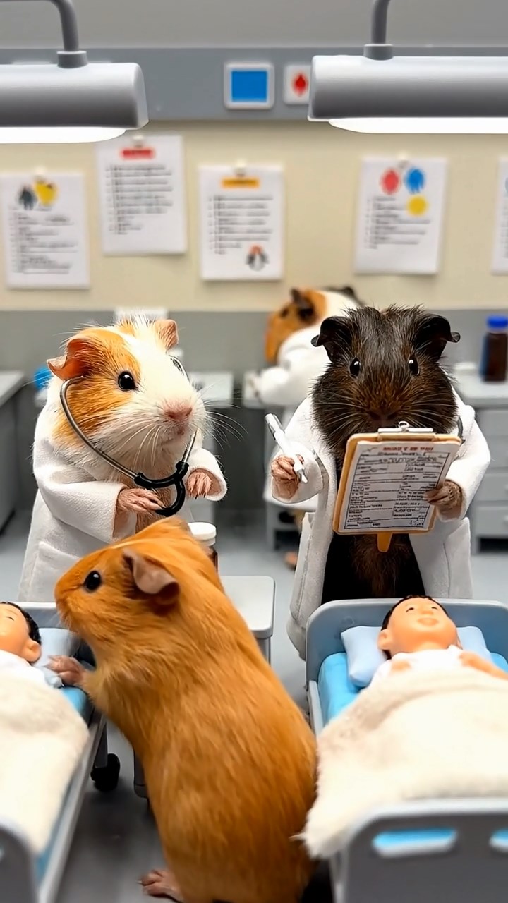 429. Detailed photo of 4 smooth-haired American guinea pigs with White, Orange, Black, and Brown fur, dressed as doctors in tiny white coats, examining patients in a guinea pig hospital with miniature beds and medical charts, under bright lights, creating a vivid, lifelike medical scene.