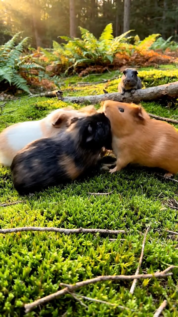 430. Photorealistic scene of 5 smooth-haired Teddy guinea pigs with Cream, Fawn, Sable, Gray, and Cinnamon fur, play-fighting in a grassy clearing with soft moss and scattered twigs, under gentle morning light, capturing a realistic, playful woodland moment.