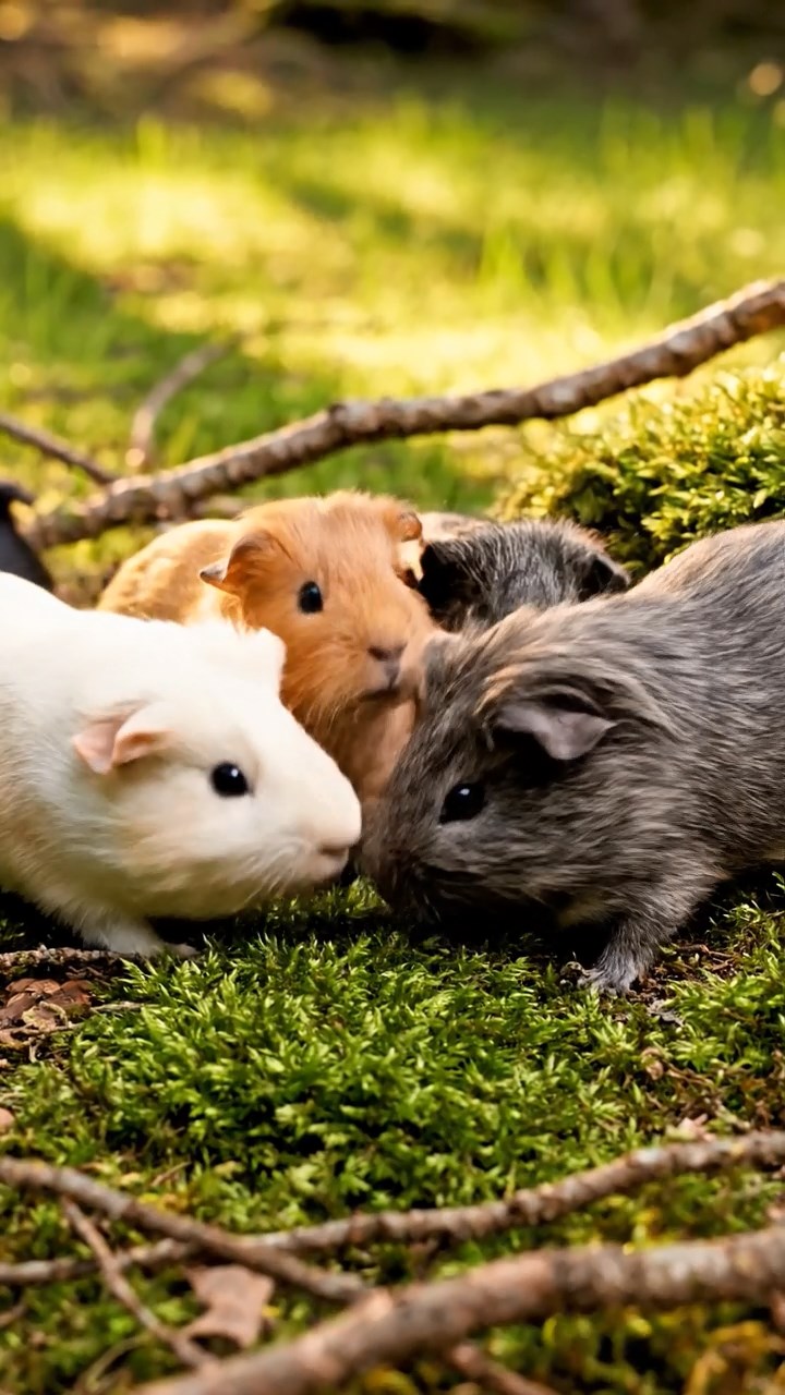 430. Photorealistic scene of 5 smooth-haired Teddy guinea pigs with Cream, Fawn, Sable, Gray, and Cinnamon fur, play-fighting in a grassy clearing with soft moss and scattered twigs, under gentle morning light, capturing a realistic, playful woodland moment.