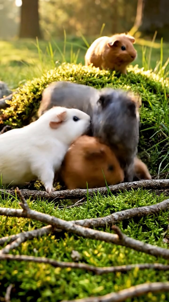 430. Photorealistic scene of 5 smooth-haired Teddy guinea pigs with Cream, Fawn, Sable, Gray, and Cinnamon fur, play-fighting in a grassy clearing with soft moss and scattered twigs, under gentle morning light, capturing a realistic, playful woodland moment.
