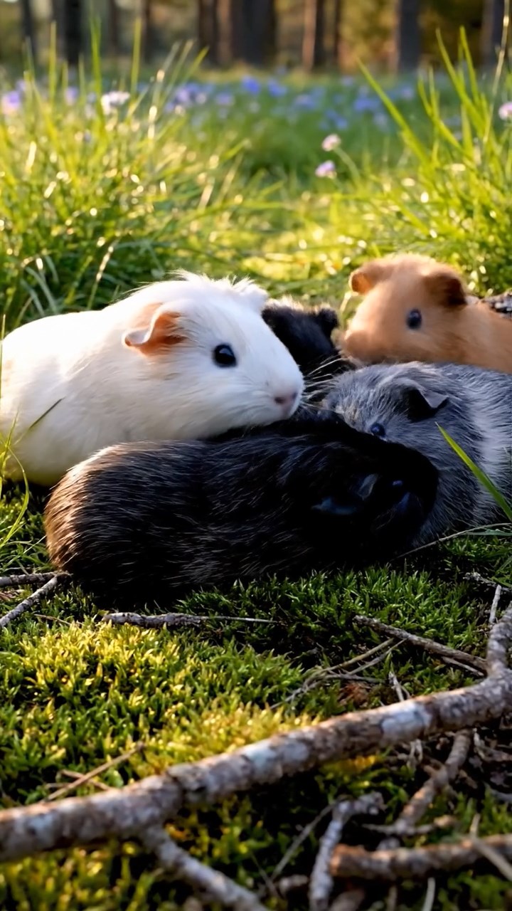430. Photorealistic scene of 5 smooth-haired Teddy guinea pigs with Cream, Fawn, Sable, Gray, and Cinnamon fur, play-fighting in a grassy clearing with soft moss and scattered twigs, under gentle morning light, capturing a realistic, playful woodland moment.