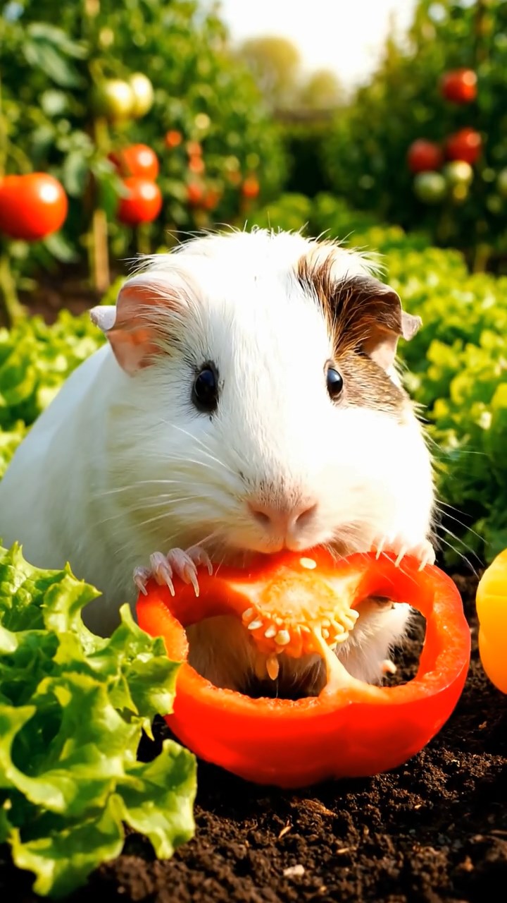 431. Highly detailed view of 1 smooth-haired Himalayan guinea pig with White fur, munching on bell peppers, in a vibrant vegetable garden with rows of tomatoes and lettuce, under bright sunlight, creating a realistic, colorful rural scene.