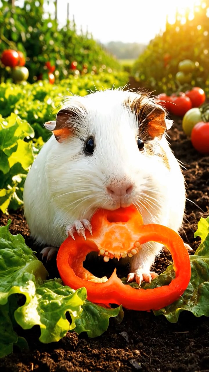 431. Highly detailed view of 1 smooth-haired Himalayan guinea pig with White fur, munching on bell peppers, in a vibrant vegetable garden with rows of tomatoes and lettuce, under bright sunlight, creating a realistic, colorful rural scene.