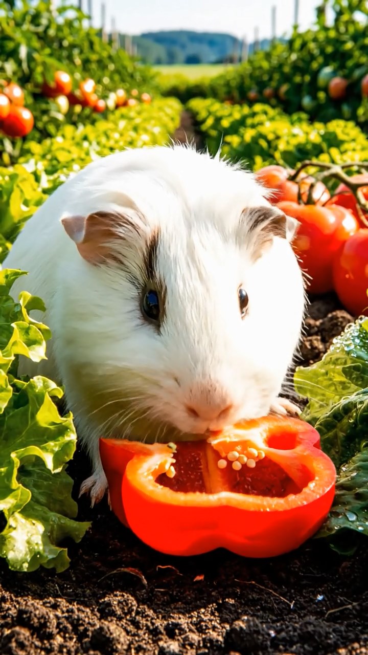 431. Highly detailed view of 1 smooth-haired Himalayan guinea pig with White fur, munching on bell peppers, in a vibrant vegetable garden with rows of tomatoes and lettuce, under bright sunlight, creating a realistic, colorful rural scene.