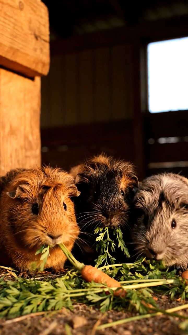 503. Highly detailed view of 3 smooth-haired Himalayan guinea pigs with Gray, Cream, and Brown fur, squeaking to communicate in a dense fern grove with soft moss and scattered twigs, under dappled sunlight, creating a realistic, immersive scene of natural interaction.
