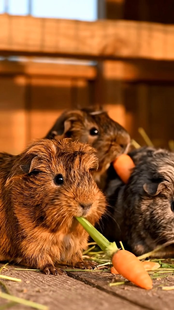 503. Highly detailed view of 3 smooth-haired Himalayan guinea pigs with Gray, Cream, and Brown fur, squeaking to communicate in a dense fern grove with soft moss and scattered twigs, under dappled sunlight, creating a realistic, immersive scene of natural interaction.