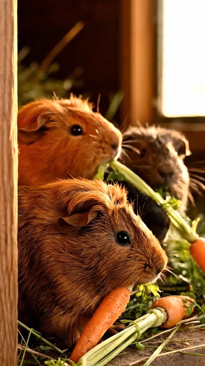 503. Highly detailed view of 3 smooth-haired Himalayan guinea pigs with Gray, Cream, and Brown fur, squeaking to communicate in a dense fern grove with soft moss and scattered twigs, under dappled sunlight, creating a realistic, immersive scene of natural interaction.